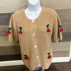 Fashion Cherry Knit Cardigan Cherry Crochet Tan Sz Xs Short Sleeve Grandmacore